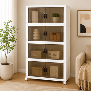 4-Tier Foldable Cabinet (Square-Panel Clear Doors)